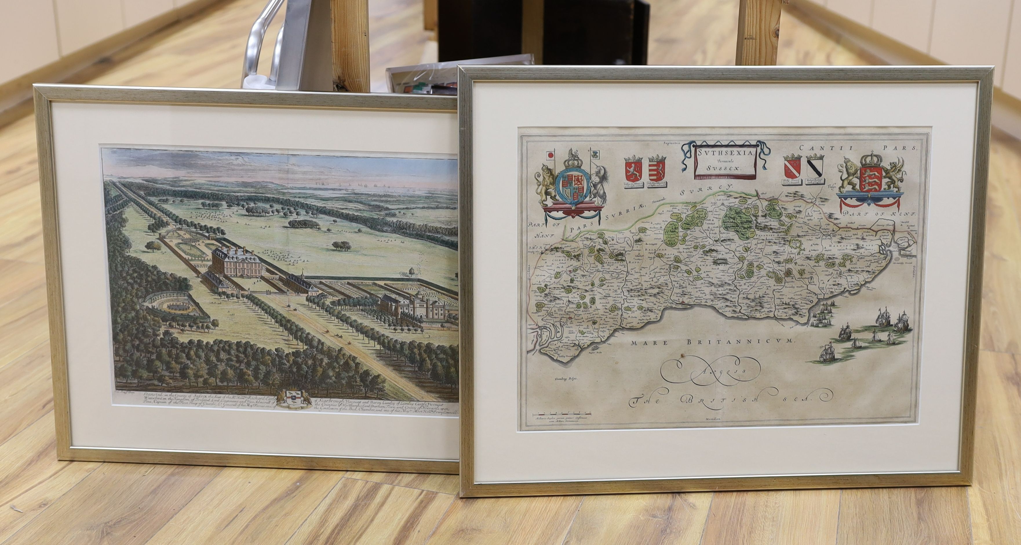Blaeu, colour engraving, Map of Suthsexia (Sussex), 39 x 53cm and an engraving of Stanstead after Kip, 35 x 48cm